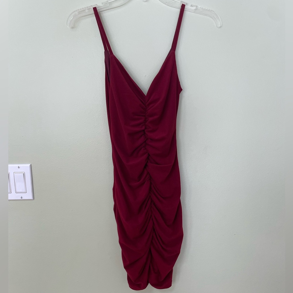 Burgundy Ruched Mini Dress